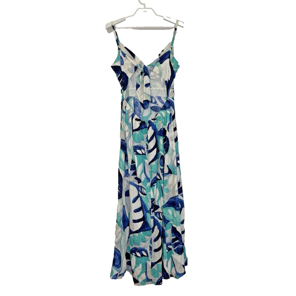 1 State Maxi Dress Womens Size Large Blue Floral Linen Blend Open Back High Slit - Picture 8 of 14